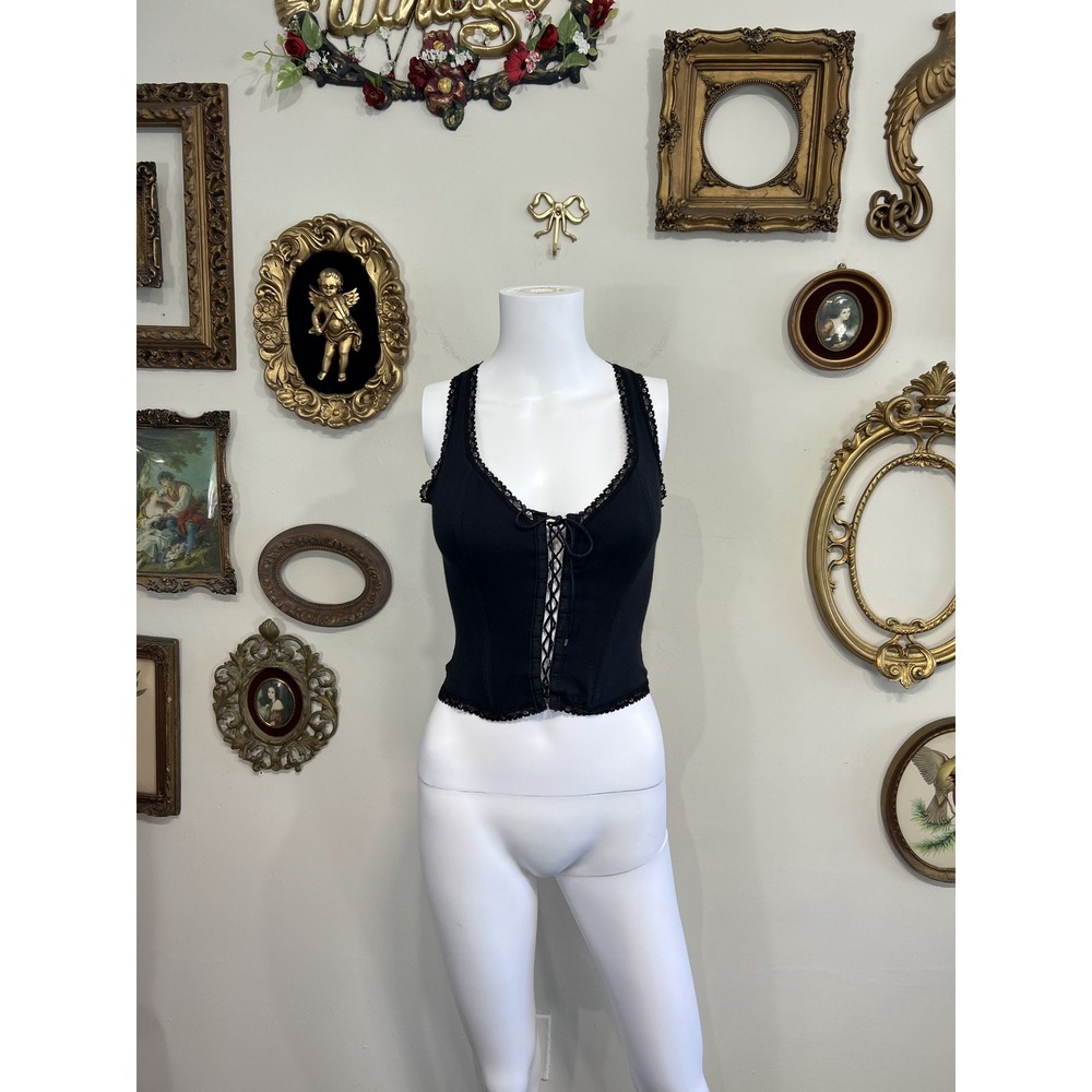 Easyriders Vintage Y2K Black Lace Trim Corset Tank Top Size S